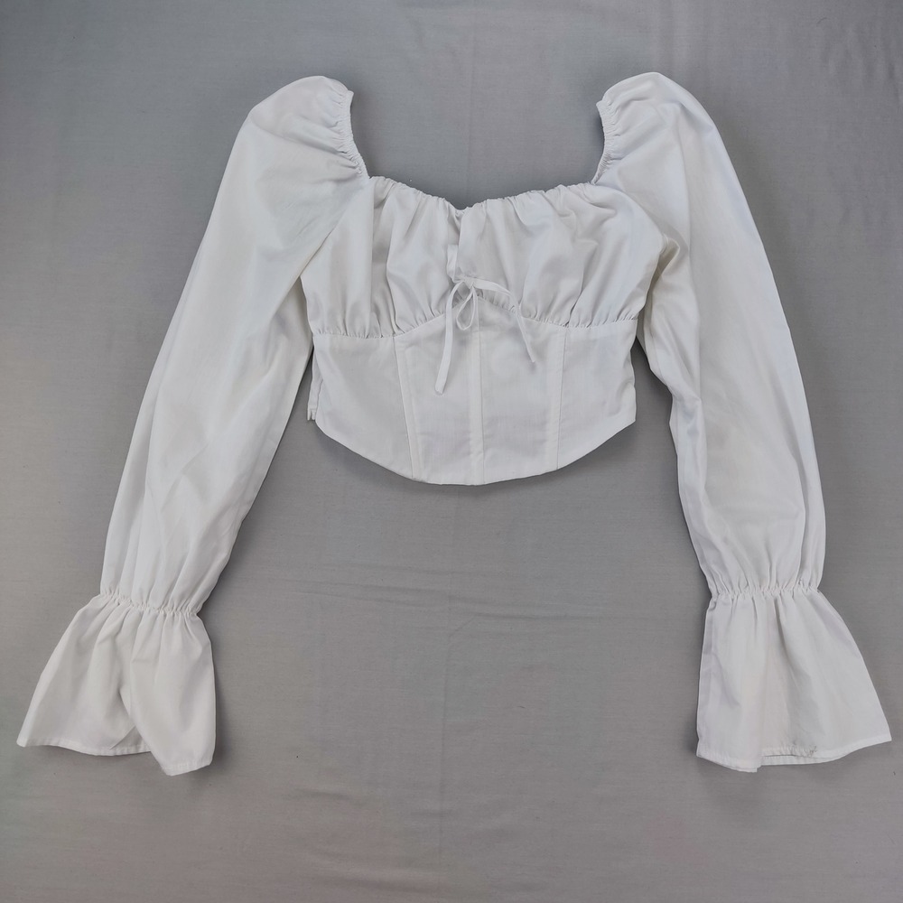 LEGIT Crop Top Womens S White Milkmaid Corset Bell Sleeve‎ Cottagecore Tie Front